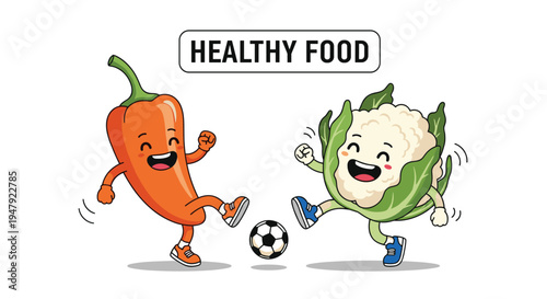 Energetic orange pepper and white cauliflower characters enjoy an active soccer match together under a healthy food banner.