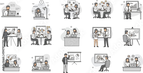 Teamwork and collaboration depicted in various office scenarios