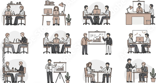 Various office interactions, meetings, and presentations depicted with minimalist art