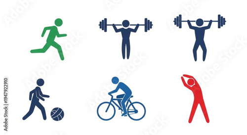 Colorful icons of people engaging in various sports and fitness activities like running weightlifting basketball cycling and yoga on white background