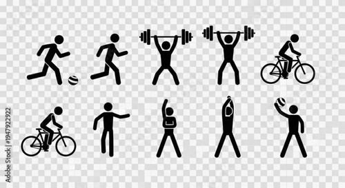 Black stick figures engaging in various exercises and sports activities on transparent background