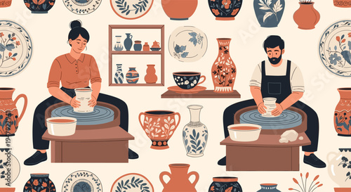 Seamless pattern wallpaper depicts various potters at work surrounded by a beautiful collection of traditional ceramics.