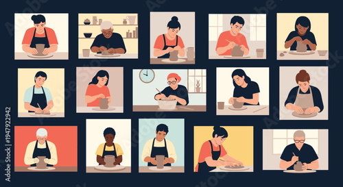 Diverse group of people participates in an online pottery class from their own home studios shown in a video call grid.