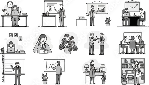 Business people in various office and presentation settings