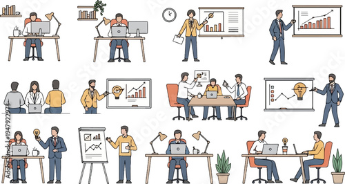 Business people collaborating and presenting ideas in office settings