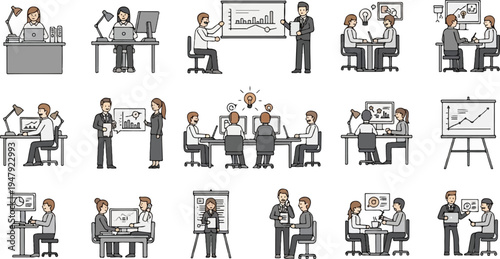 Business professionals collaborate and present data in office settings