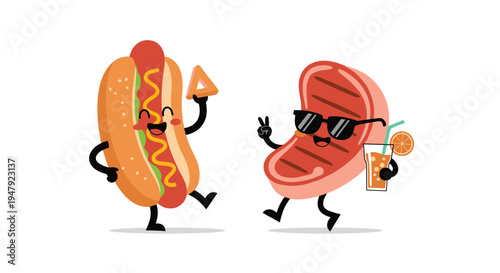 Fun cartoon hot dog and beef steak characters enjoy a party together while dancing and holding a refreshing drink and a snack triangle.