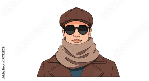 Stylish man dressed in a warm brown trench coat with a flat cap and thick scarf looks forward while wearing dark round sunglasses.