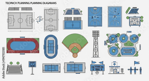 Technical Plan View Engineering Diagrams of Various Sports Facilities.