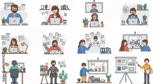 Collection of stylized people working on laptops and presenting data