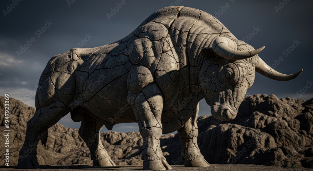 Fototapeta premium A weathered stone sculpture of a bison in a rocky landscape under a dark sky.