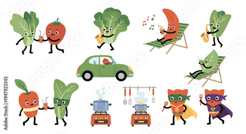 Musical mangosteen character playing a banjo while a happy orange slice character plays a red drum for entertainment.