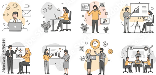 Diverse business professionals collaborate and present using technology and data