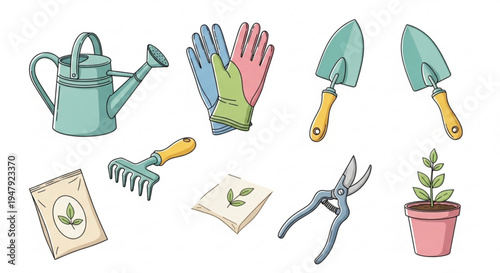 A colorful illustration of gardening tools and accessories on a white background
