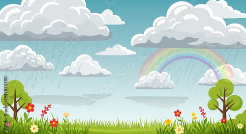 A colorful vector illustration of a rainbow appearing in the sky after a spring rain shower
