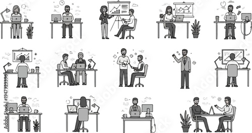 Diverse business professionals collaborating and working individually at desks