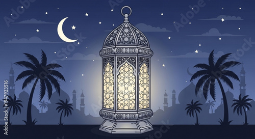 A serene vector illustration of a glowing lantern under a starry night sky