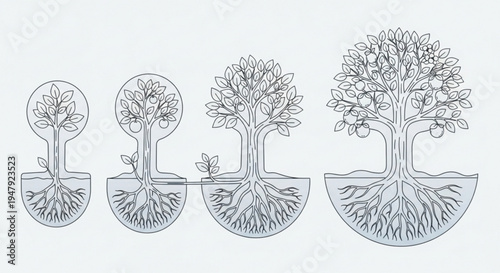 A vector graphic illustration of a tree growing in stages