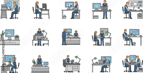 Diverse group of people working at computers in office settings