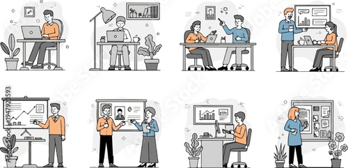 Diverse individuals collaborating and working at desks with computers and presentations