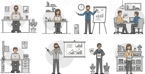 Diverse office professionals collaborating and presenting data for business success