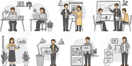 Diverse office professionals engaged in various work-related activities and discussions