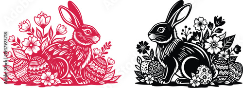 Contrasting rabbits in floral foliage