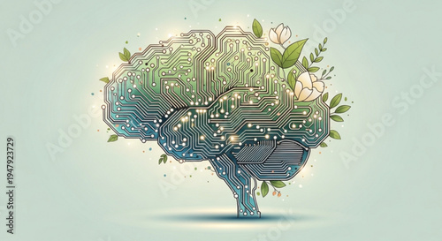 A vector graphic illustration of a brain made of circuit boards with flowers and leaves