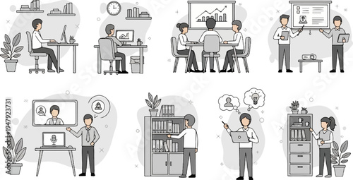Diverse office scenarios depicting teamwork, presentations, and individual work (1)