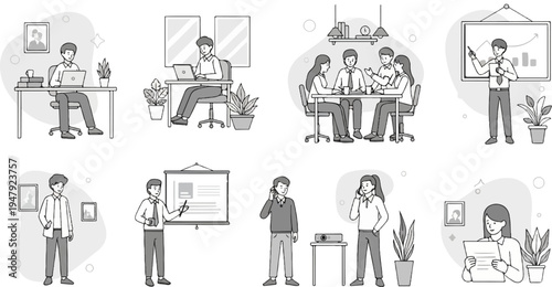 Diverse office scenarios featuring people collaborating, presenting, and working at desks