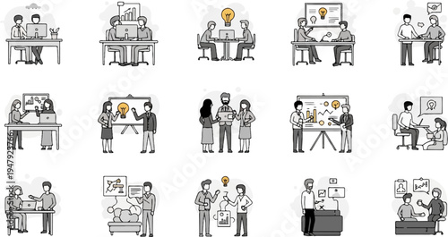 Diverse office scenarios illustrating collaboration, meetings, and presentations with icons
