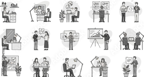 Diverse office scenarios, individual work, team collaboration, and presentations