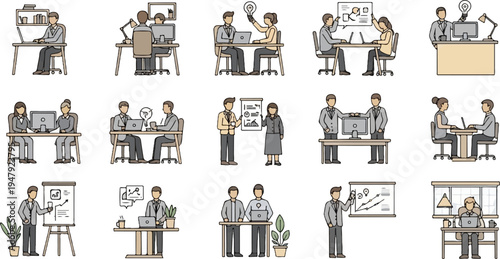 Diverse office scenarios showing teamwork, collaboration, and individual tasks