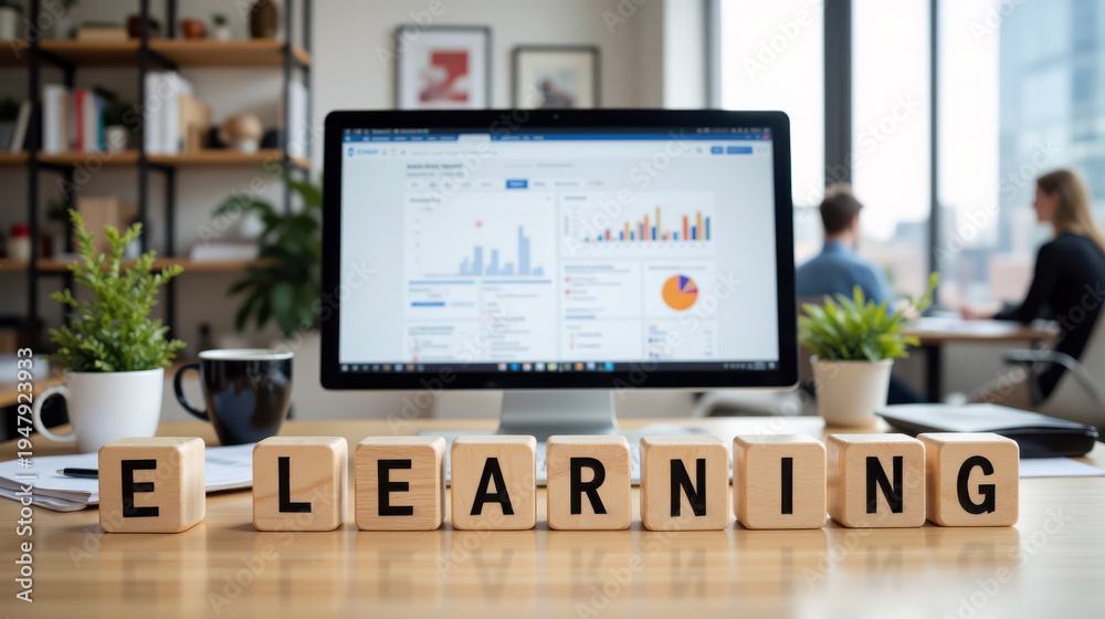 Fototapeta premium Elearning platform and online training workflow for remote study, course access and skill growth with lesson tracking, education management and internet based teaching for workforce development