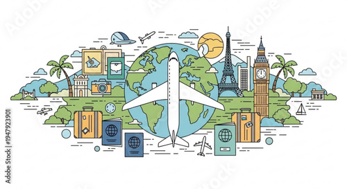 A colorful illustration of travel and tourism icons around the globe