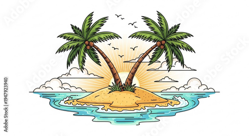 A colorful vector illustration of a tropical island with palm trees