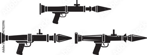 Rocket launcher icons, grenade launcher weapon symbol for military or game vector, Black And White