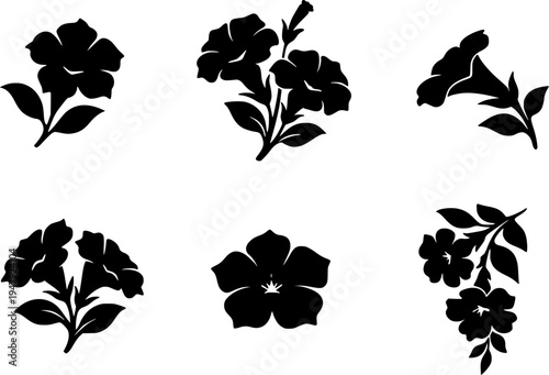 6 Premium Black Petunia Flowers Icons. Botanical Graphic Elements. Design Element. Clip art. Suitable for artwork design. Editable for any design.
