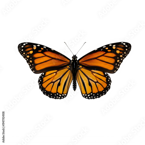 A detailed monarch butterfly with vibrant orange wings featuring black veins and white border spots isolated on transparent background