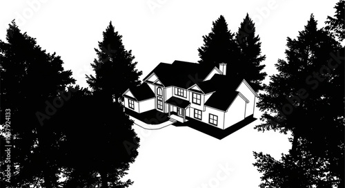 Silhouette of a House Surrounded by Trees in a Forest.