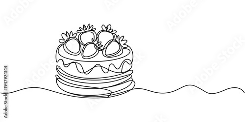 Continuous one line drawing of cake with strawberries. Hand drawn piece of cake minimalist design, café, bakery, confectionery concept. Vector