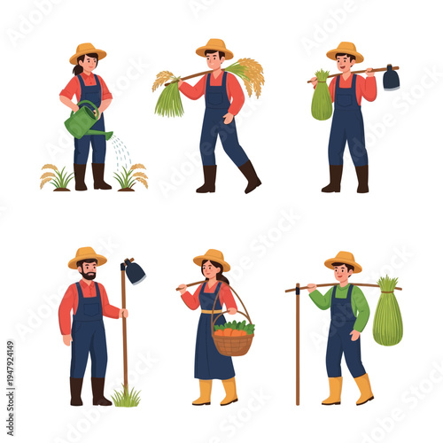 A collection of cartoon farmers, both male and female, engaged in diverse agricultural activities such as watering plants, harvesting crops, and carrying produce.
