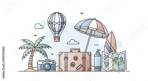 A colorful vector illustration of travel and vacation icons in a flat design style
