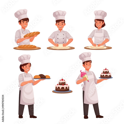 Collection of cartoon bakers and chefs engaged in various baking activities, from kneading dough to decorating cakes and holding fresh bread.