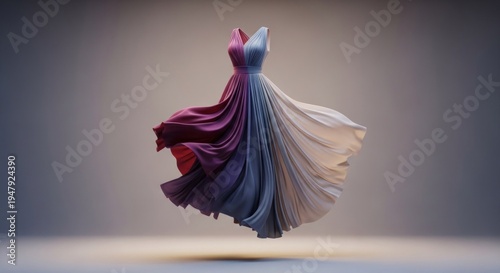 A floating, colorful, flowing dress with a gradient of purple, blue, and white colors, against a neutral background.