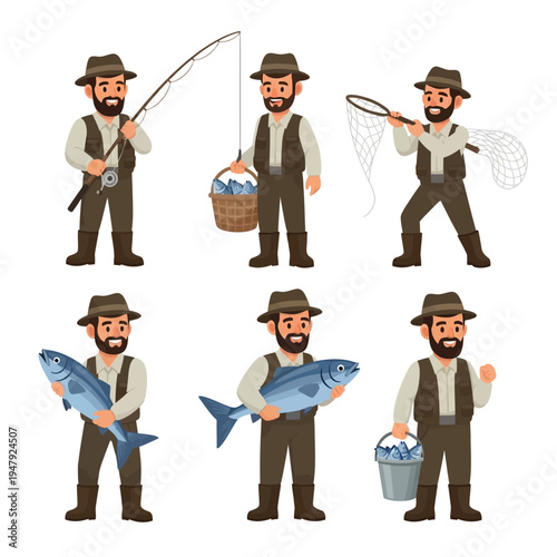 A cheerful cartoon fisherman character in various poses holding a fishing rod, net, basket, and freshly caught fish.