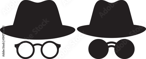 Detective Fedora Hat and Round Glasses Icons with Black And White with Mystery Icon with Spy Icon with Retro Style with Mystery Symbol with Investigation Symbol