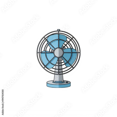A small vintage style electric desk fan with light blue blades and a protective metal wire cage isolated on transparent background