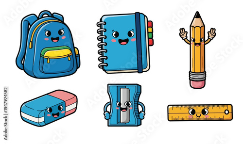 Cute Cartoon School Supplies with Happy Faces on White Background