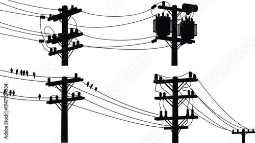 Utility pole silhouette illustration, electrical transformer vector, power line infrastructure design, industrial energy distribution artwork, bird on wire scene, black network graphic